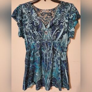 Y2k Embellished Blue Pattern Empire Style Top Crochet Back Totaly 2000s